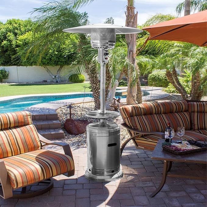 Hiland HLDS01-BST Propane Patio Heater w/Wheels, Table, 48,000 BTU and 33" Aluminum Heat Shield, Tall, Stainless Steel