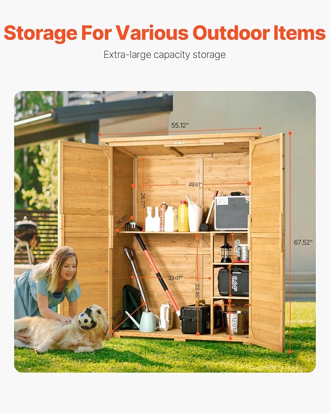 VEVOR Outdoor Storage Shed, Large Wooden Outside Storage Cabinet with Waterproof Roof and Metal Frame, Double Lockable Doors Garden Tool Shed Storage House Cabinet with Shelves, 55.1"x23.6"x67.5" - Image 3