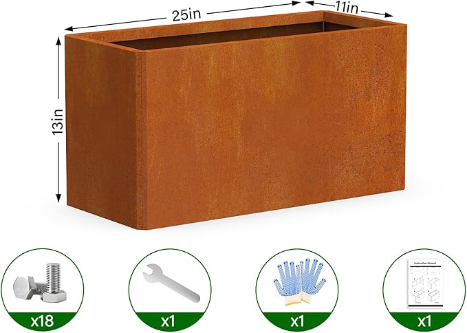Co rten Steel Planters - 25x11x13H Inch, Rectangular Planter for Patio, Garden, Porch - Brown