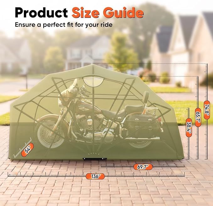Quictent 136"x 54" Motorcycle Garage Storage Pod Shelter Hard Shell with Code Lock & Carry Bag Heavy Duty Motorcycle Tent with 2 Roll-Up Side Windows - Army Green - Image 2
