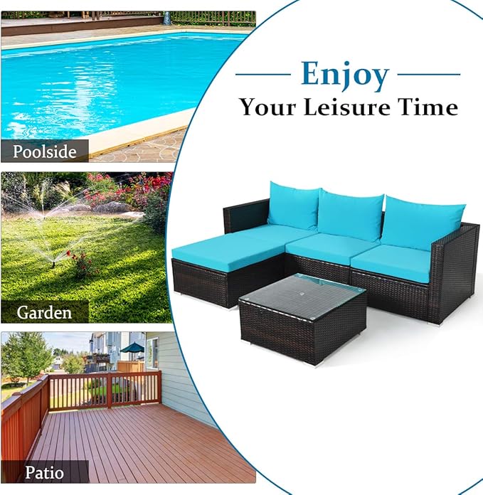 Tangkula 5 Piece Outdoor Patio Furniture Set, Sturdy Frame and Weight Capacity Up to 360 Pound, Wicker Sectional Sofa Set with Glass Top Coffee Table, Porch Garden Poolside Furniture for 4 (Turquoise)