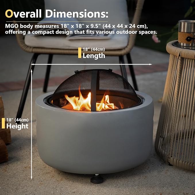 Barton 18" Round Concrete Charcoal Wood Burning Fire Pit, Magnesium Oxide Spark Screen, Fireplace Poker, Grate, BBQ Grill Firepit Charcoal Grill - Image 6