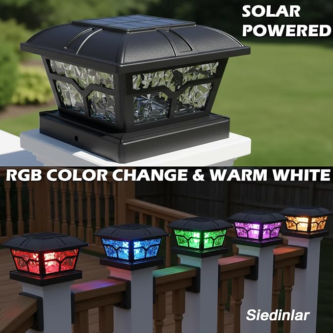SIEDiNLAR Solar Post Cap Lights Outdoor 2 Color Modes for 4x4 5x5 6x6 Wooden Vinyl Posts Fence Deck Patio Decoration RGB Color Changing/Warm White Lighting Black (6 Pack) - Image 2