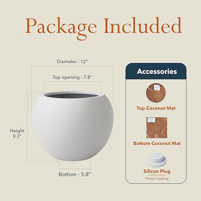 9.7" H x 12" D Premium Globo Fiberstone Round Planter with Drainage Hole, Weather Resistant for Indoor & Outdoor Use, Included 2 Extra Coco Mats (Light French Gray, 7.8" Pot Opening)