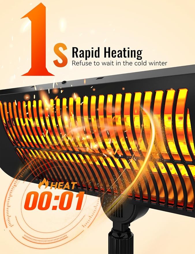 Outdoor Heaters for Patio, 12H Timer&3 Heat Level, IP54 Waterproof Electric Heater,1500W Infrared for 1S Heating, Tip-Over Protection, Towel Bracket, Remote, 83" Patio Heaters for Outdoor Use