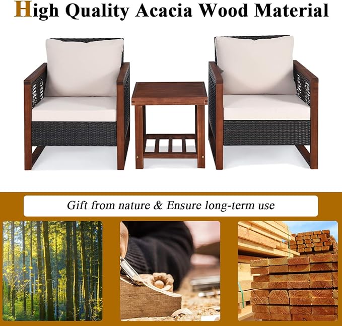 Tangkula 3 Pieces Patio Wicker Furniture Set, Rattan Outdoor Sofa Set w/Washable Cushion & Acacia Wood Coffee Table, Conversation Bistro Set for Garden Balcony Backyard (Beige)