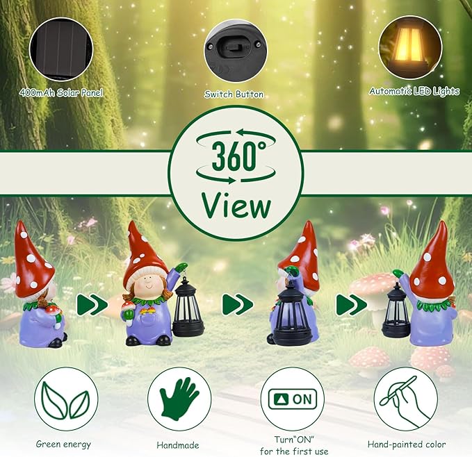 Gnome Statue Garden Ornaments Art Outdoor Decoration with Solar Powered LED Lights Decor for Patio,Balcony,Yard, Mum Birthday Gifts, Garden Gifts for Women, Chrismtas Gifts for Mom Grandma