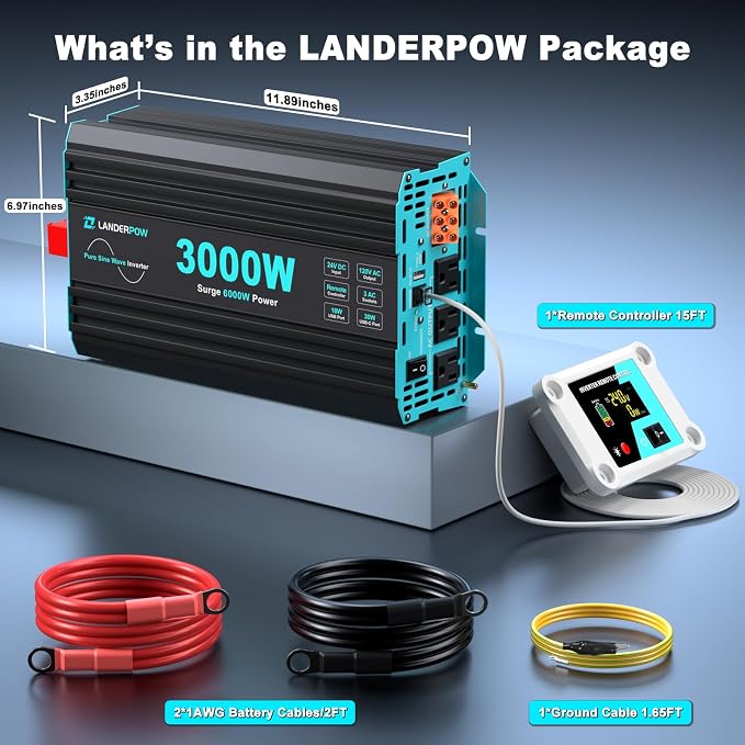 3000 Watt Pure Sine Wave Inverter 24V DC to 120V AC for RV, Truck, Solar, Home, Off-Grid, Power Inverter with 3 AC Outlet, 30W USB-C, 5V 3.1A USB, Hardwire Port, Remote Control, Surge 6000W - Image 8