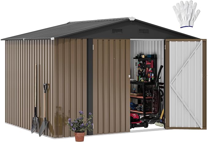 DWVO 10'x8' Large Metal Outdoor Storage Shed, Heavy Duty Tool Storage Sheds for Backyard Patio Lawn - Ideal for Bicycles, Garden Tools, and Lawn Equipment, Easy-to-Assemble, Brown by DWVO
