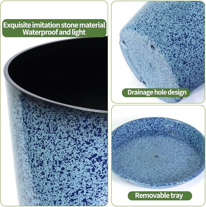 2 Pcs Pack 21 Inches Plastic Resin Tall Tapered Planter Pots Large Round Planter Flower Pot with Drainage Holes for Indoor Outdoor Deck Porch Garden Home Patio Front Door (Blue, L)