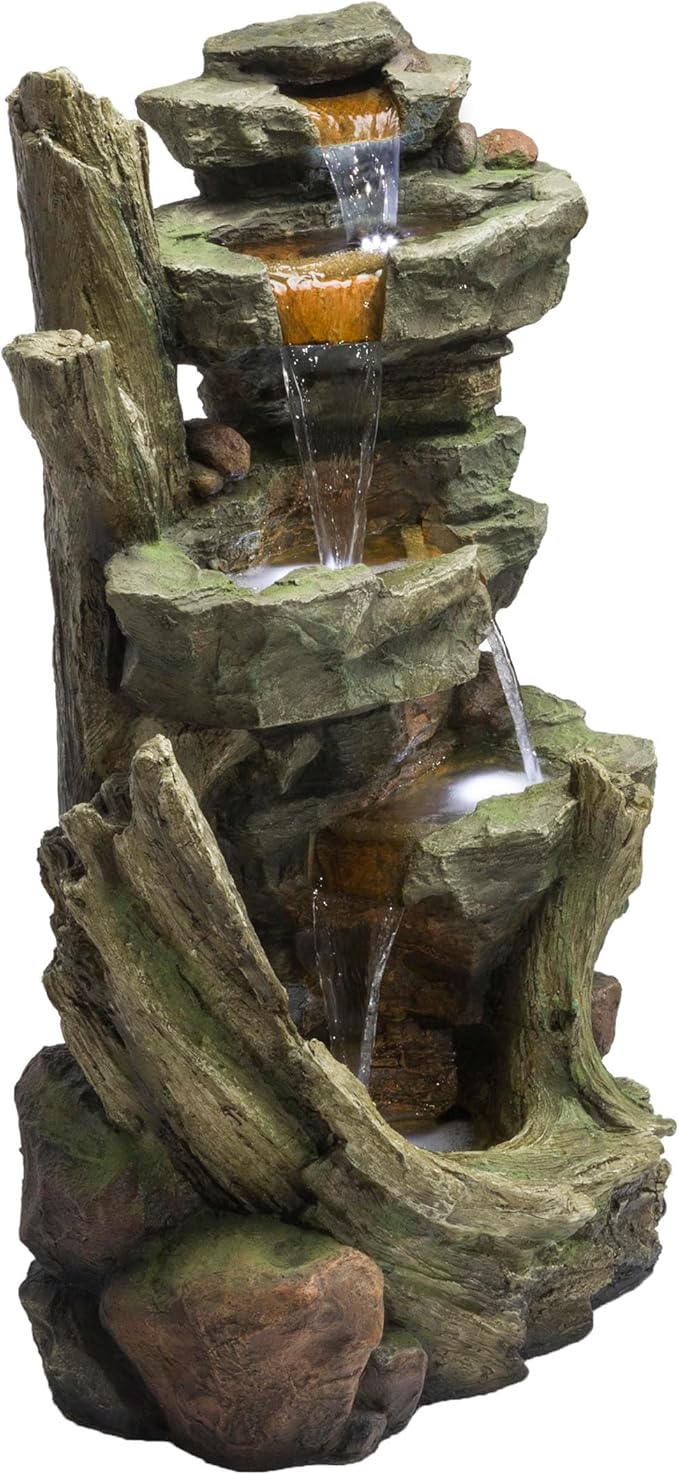 Alpine Corporation TZL292 Outdoor Floor Cascading Stone Tower Fountain, Garden Fountain with Natural Stone Look 40", Gray