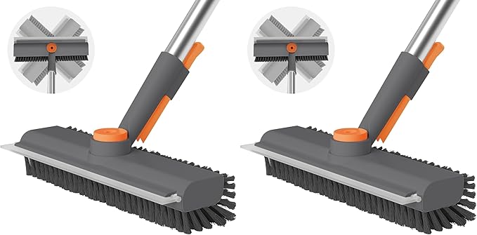 Floor Scrub Brush with Long Handle, 3 in 1 Scrape and Heavy-Duty Stiff Bristle Scrubber Brush for Cleaning Shower Bathroom, Patio, Pool, Garage, Kitchen, Wall and Deck (Gray, 2 Pack) by AIRU