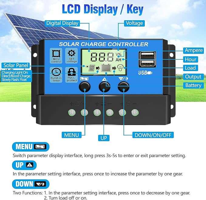 [Upgraded] 30A Solar Charge Controller, 12V/ 24V Solar Panel Regulator with Adjustable LCD Display Dual USB Port Timer Setting PWM Auto Parameter - Image 4