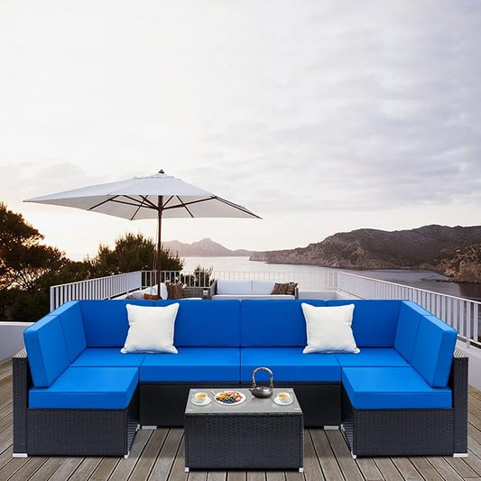 Outvita Outdoor Patio Conversation Sets, 7 Pieces PE Rattan Sofa Wicker Patio Furniture Sets with Washable Cushions Outdoor Indoor Use Backyard Porch Garden Poolside