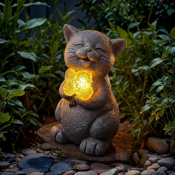 PETAFLOP Solar Cat Garden Statue with LED Sunflower, Healing Emotional Figurine Patio Balcony Yard Lawn Outdoor, Christmas Birthday Housewarming Gifts for Mom Grandma Women Cats Lover
