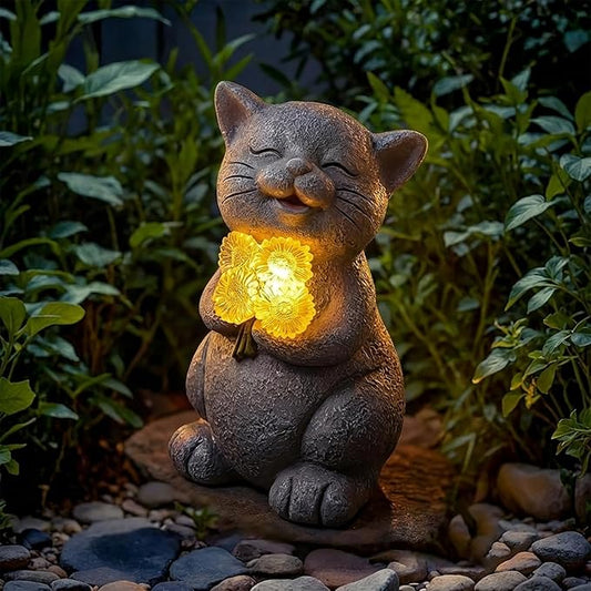 PETAFLOP Solar Cat Garden Statue with LED Sunflower, Healing Emotional Figurine Patio Balcony Yard Lawn Outdoor, Christmas Birthday Housewarming Gifts for Mom Grandma Women Cats Lover