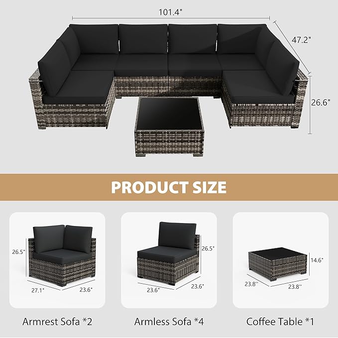 KIGOTY Patio Furniture Set,7 Pieces Modular Outdoor Sectional Sofa, PE Rattan Patio Conversation Set, All Weather Wicker Patio Furniture with Cushions and Coffee Table（Beige Black/Black）