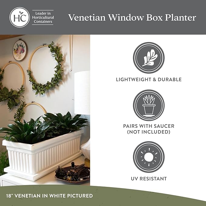 The HC Companies Venetian Windowr Planter Box w/Drain Plug - Long Planter Box for Windowsills, Balconies & More - Plastic Large Rectangular Outdoor Planters for Herbs & Flowers (30" Clay, Pack of 1)