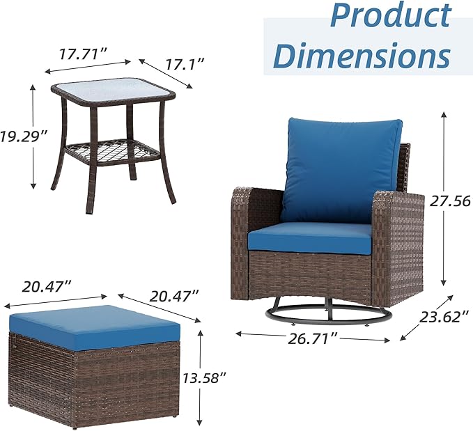 HOMREST 5 Piece Outdoor Patio Furniture Set-360 Wicker Swivel Chairs Set of 2 w/ 2 Ottoman, Coffee Table & Cushions Patio Bistro Set for Garden, Balcony (Navy)