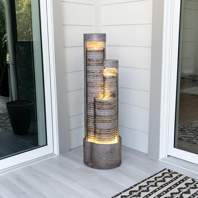 39.76" Tall Indoor Outdoor Water Fountain Modern Water Feature Stone-Textured Cascading Floor-Standing Fountains with Led Lights for Garden, Patio, Balcony, Yard, Office Home Art Decor
