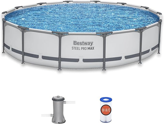 Bestway Steel Pro MAX 14' x 33" Round Above Ground Swimming Pool Set, 530 GPH Filter Pump, Tritech Puncture Resistant Liner, ClickConnect Steel Frame, Gray by Bestway
