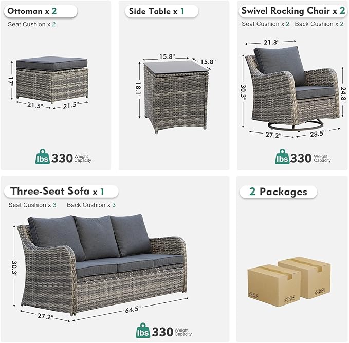 MEISSALIVVE Patio Furniture Set with Swivel Rocking Chairs, 6 Pieces Patio Conversation Set, Outdoor Wicker Sofa Couch with Waterproof Cushions for Lawn Backyard Porch (Grey)