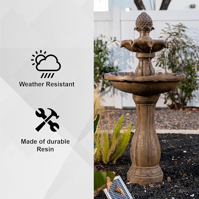 XBrand 44" Solar Powered 2-Tier Outdoor Water Fountain, Fiberglass Resin Garden Bird Bath Fountain with Auto Shut-Off Pump