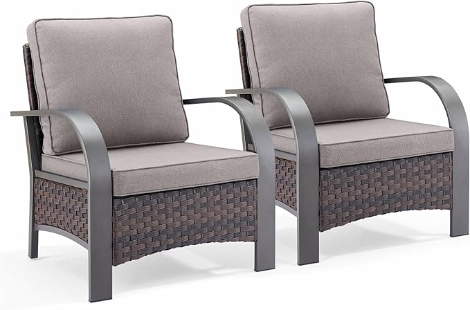 HUMMUH Outdoor Wicker Patio Chairs Set of 2-High Back Patio Dining Chairs Outdoor Patio Chairs for Deck Porch Lawn Garden Backyard-Brown/Grey