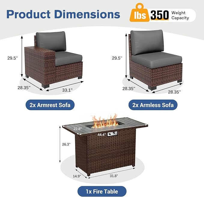 Patio Furniture Set with Fire Pit Table 5 Piece, Outdoor Conversation Sets Brown Wicker Rattan Sectional Sofa for Deck Garden Backyard, 4'' Thickened Cushion Dark Grey