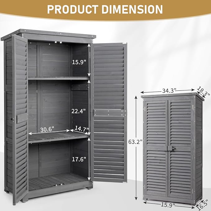Outvita Outdoor Storage Cabinet, 63in Wooden Garden Tools Shed with 2 Lockable Doors, 3 Adjustable Shelves, Waterproof Roof for Yard Garge Patio Deck Porch（Grey） - Image 5