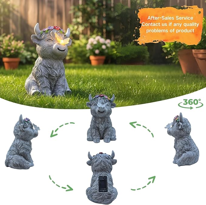 Solar Highland Cow Garden Statue with Glowing Butterfly, Outdoor Highland Cow Decorations for Patio Yard Lawn Ornaments, Gifts for Mom/Grandma Birthday Housewarming