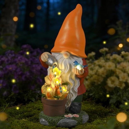 Solar Gnome Statue Outdoor Decor,Gnome Figurines with Flower LED Light for Garden Decorations for Patio Lawn Balcony Fairy Gardens,Housewarming Gifts for Women Mom