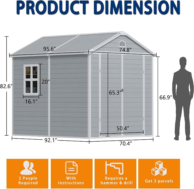 8x6 FT Outdoor Resin Storage Shed with Floor, All-Weather Plastic Garden Shed with Lockable Door & Windows, Waterproof Outside Tool Sheds for Backyard, Patio, Lawn, Tools Storage - Gray - Image 2