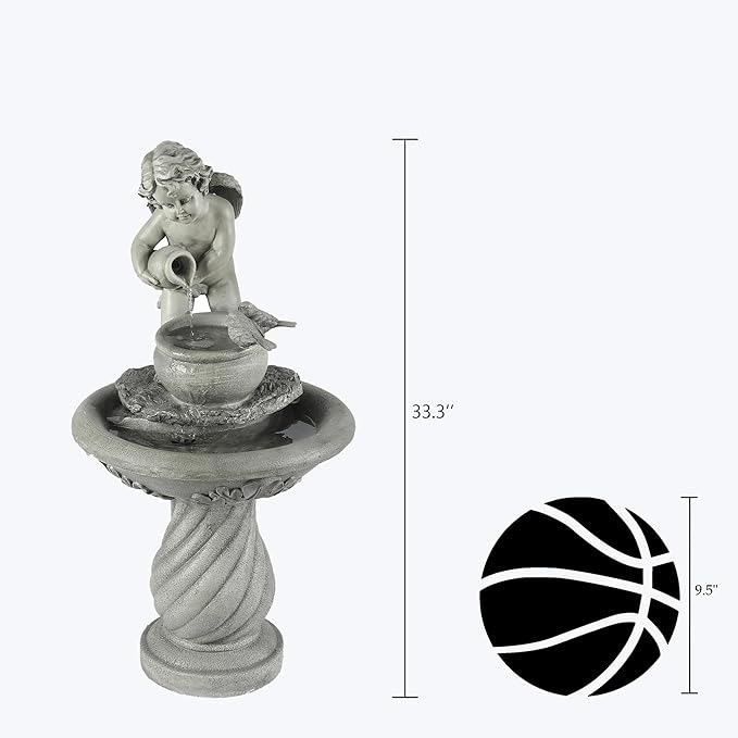 LuxenHome 34 Inch Outdoor Water Fountain, Resin Cherub Angel Water Fountains Indoor and Outdoor, Angels and Bird Garden Water Fountain, Decorative Waterfall for Backyard