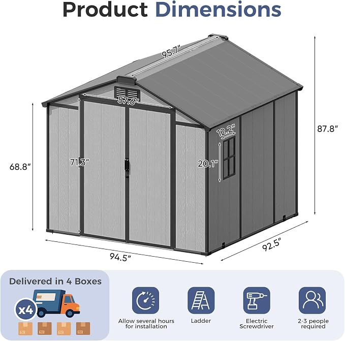 CDCASA 8x8x7 FT Resin Shed with Floor Included, Steel‑Reinforced Large Waterproof Outdoor Storage Sheds with Base & Lockable Door & Window & Vents, Outside Plastic Tool for Outside Patio Backyard - Image 3