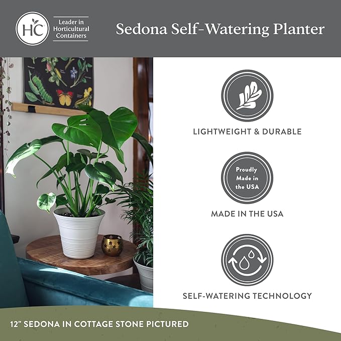The HC Companies 14 Inch Sedona Round Self Watering Planter Pots, Lightweight UV-Resistant Plastic Indoor & Outdoor Planters, 2-Pack Flower Pots for Garden & Home Decor, Slate Blue
