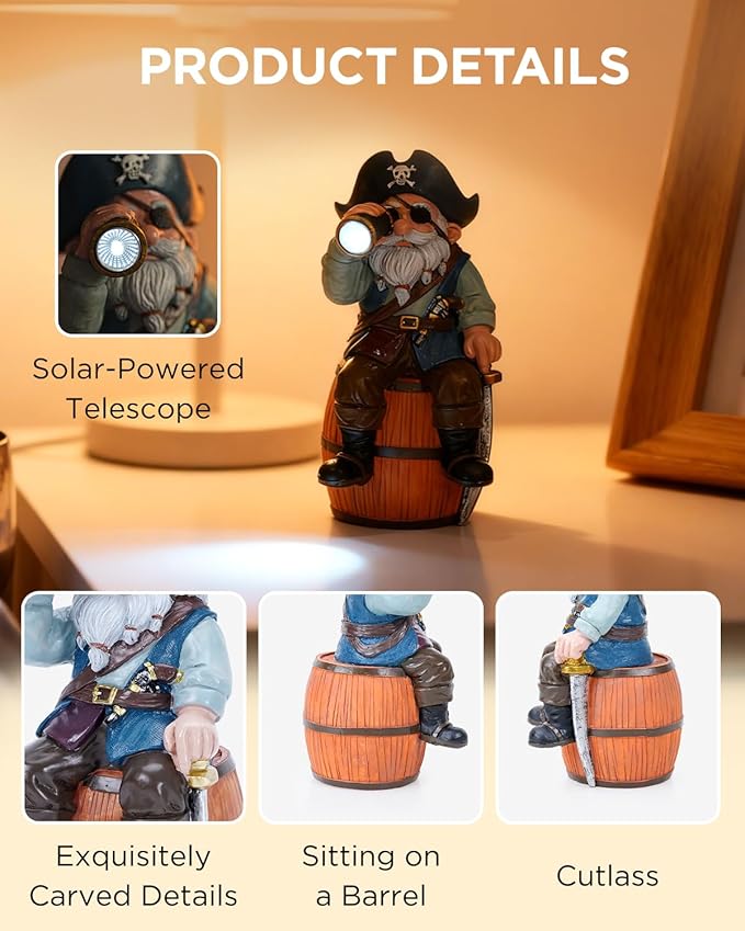 Solar Garden Gnome Statues Funny Resin Pirate Gnome Decorations Sitting on Wine Barrel Outdoor Figurines for Yard Patio Mom Gift