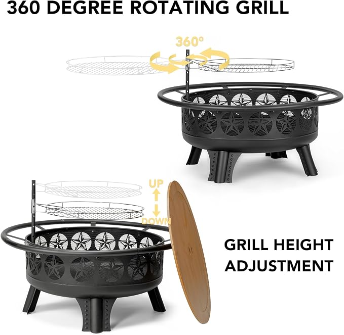 Verdeluxe 38” Wood Burning Fire Pits for Outside,3-in-1 Fire Pit with Grill, Spark Screen & Fire Poker,Outdoor Firepit Table with Swivel Cooking Grate for Yard BBQ Bonfire Patio Camping (38 inch) - Image 7