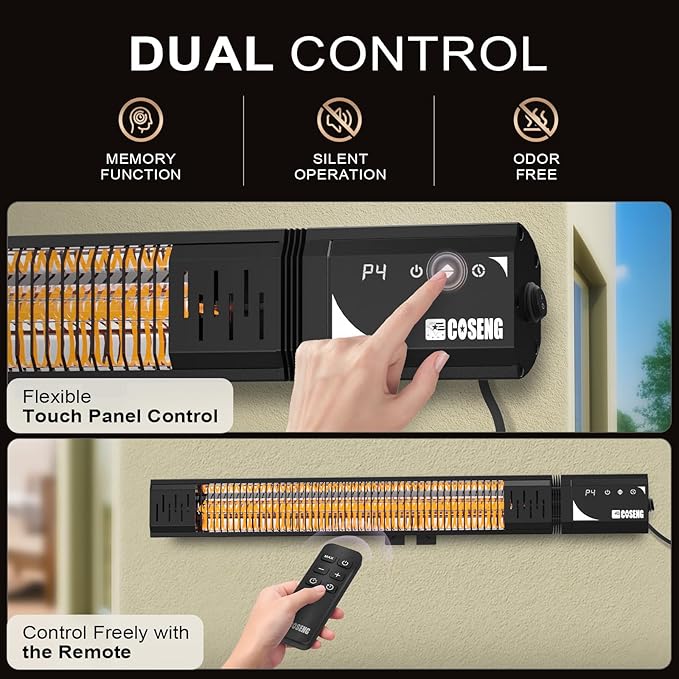 1500W Infrared Patio Heater, IP65 Waterproof Outdoor Electric Heater with Remote, 4 Heat Levels, 24H Timer, Memory Function, Fast Heating for Garage, Backyard, Black