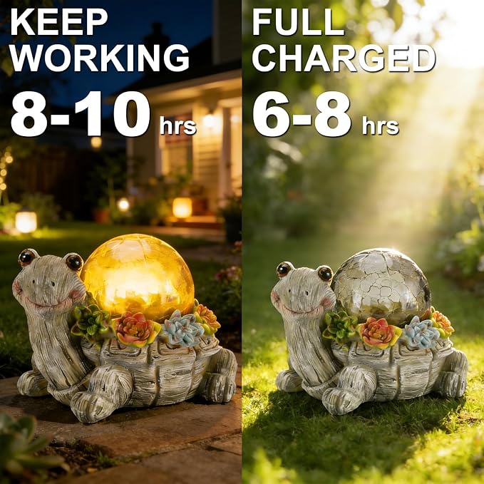 Solar Turtle Garden Statue Lights for Outdoor Decor with Cracked Glass LED Figurine Lighting Resin Succulent Tortoise Decorations Patio Lawn Yard Housewarming Mom Gifts (Grey, Large)