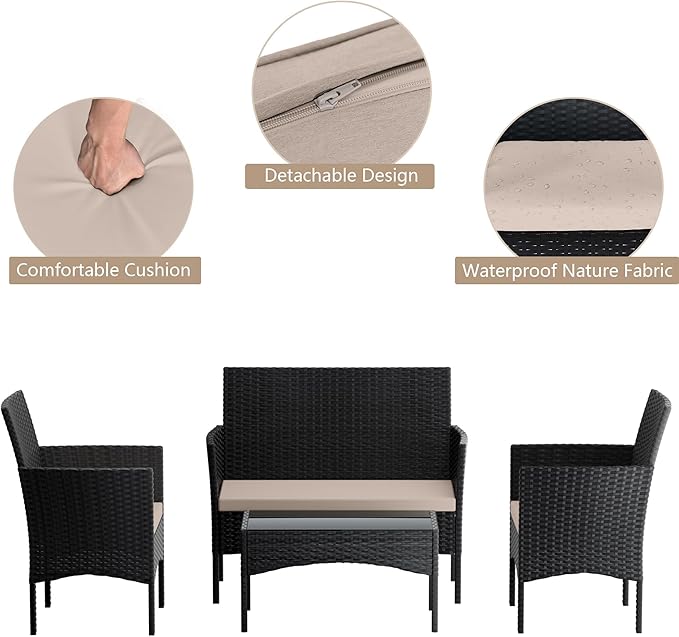 4 Pieces Patio Furniture Set Outdoor Conversation Set Rattan Furniture Set Wicker Chairs and Sofa with Glass Table for Porch Pool Backyard Garden Sand