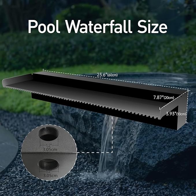 Pool Fountain Stainless Steel Pond Waterfall Spillway Kits for Indoor/Outdoor Decorative, 24 Inches Black Pool Water Feature for Garden Patio, Backyard Koi Pond Decor(No LED Light)