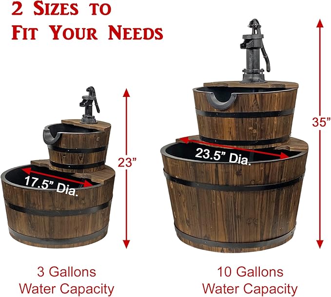 Extra Large Cascading Water Fountain for Outdoor Outside Patio Yard | Decorative 2-Tier Wood Barrel Fountain with Pump | 37.5" Tall Garden Waterfall Fountain