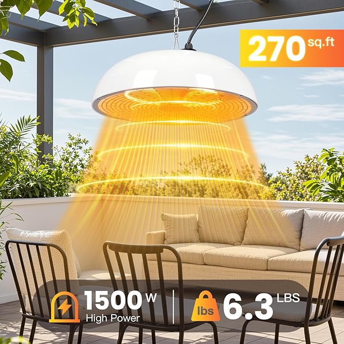 1500W Electric Hanging Patio Heater, 3S Instant Heat, Ceiling-Mounted Outdoor Heater with Quiet Operation, Overheat Protection, IP55 Waterproof for Patio, Balcony & Garage,white