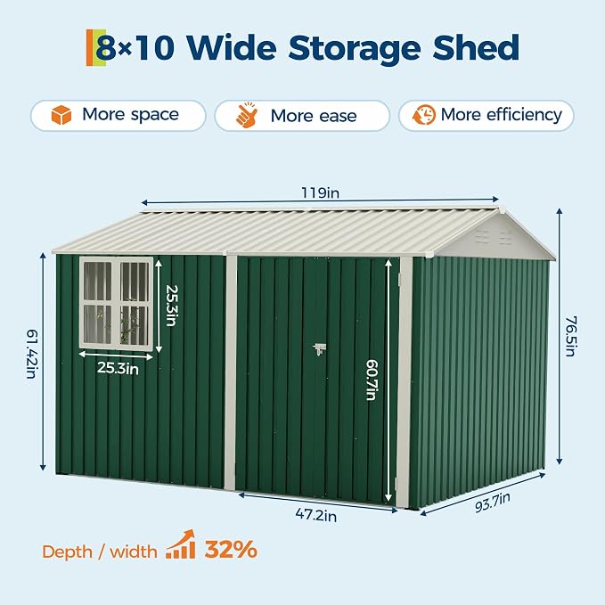 10x8 FT Outdoor Storage Shed, 450 Cu Ft Weather Resistant Garden Shed with Gable Roof & Grid Window, Multi-Use Shed for Bikes, Lawn Mowers, Patio Supplies & Pet Shelter - Image 2