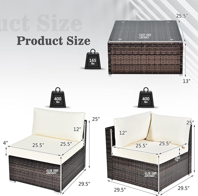 Tangkula 6 Pieces Patio Furniture Set, Outdoor Wicker Conversation Set with Glass Coffee Table, Wicker Sofa Set with Back & Seat Cushions, Rattan Sectional Conversation Set for Backyard Garden