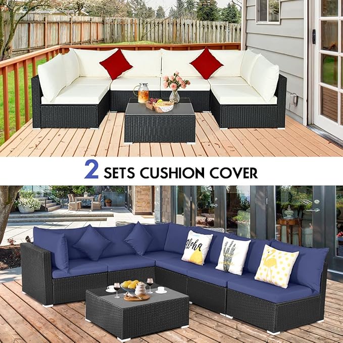 Tangkula 7 Piece Patio Furniture Set, Outdoor Sectional Sofa with 2 Pillows and Cushion Covers, Wicker Sofa Conversation Set with Coffee Table & Tempered Glass Top (Off White & Navy)