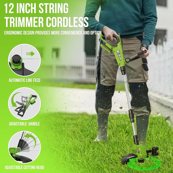 VARSK 12 Inch 20V Cordless Weed Wacker with Automatic Line Feed, 2 in 1 String Trimmer and Edger, Includes 2 X 2.0Ah Batteries/1 X Charger/6 X Replacement Spools, Weed Eater for Lawn, Garden, etc - Image 5