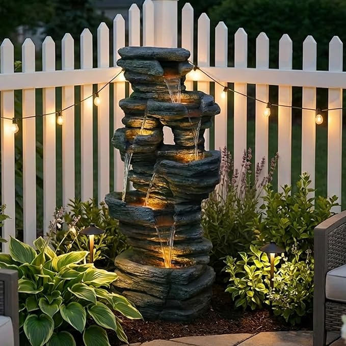 42.5" H Garden Outdoor Water Fountain with LED Lights & Pump, Mutiply-Tier Cascading Outdoor Fountain Suitable for Garden/Patio/Yard/Deck/Balcony and Home Art Decor（Resin）