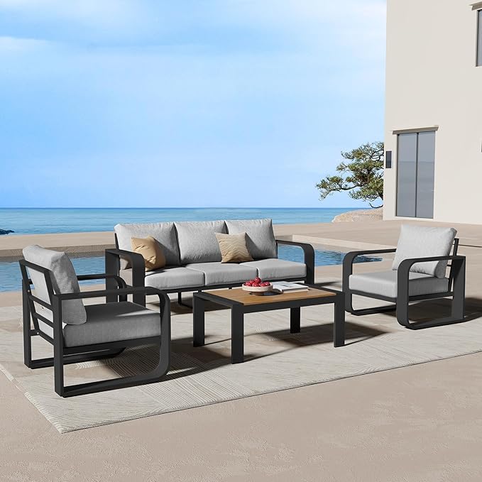 Aluminum Outdoor Patio Furniture Set, 4 Piece Oversized Patio Conversation Sets Widened Armrest & Ultra-Thick Cushions, Heavy Duty Modern Sectional Furniture for Backyard, Porch, Gray
